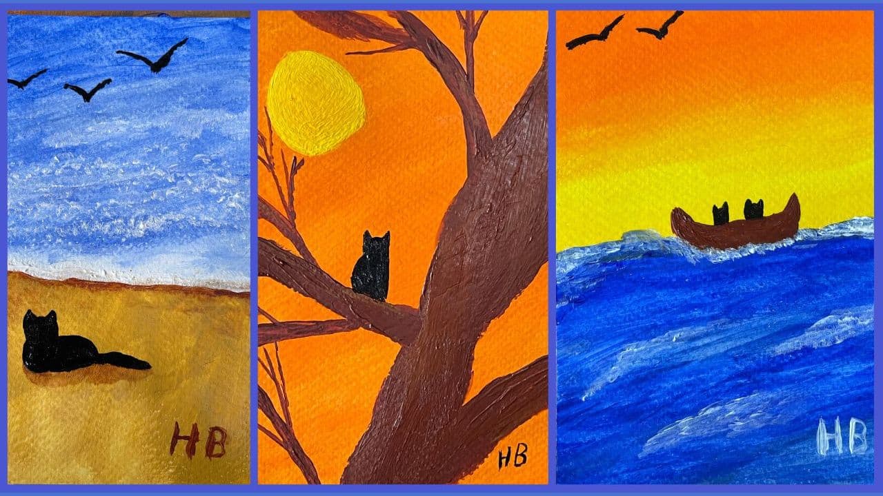 3 hand painted cards featuring cats